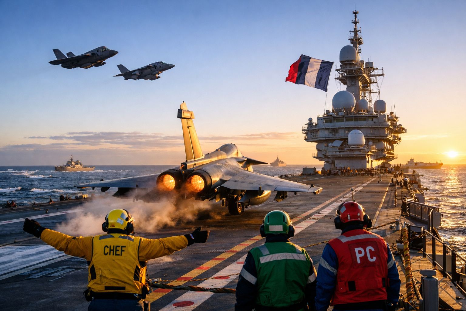 Avião militar a descolar de porta-aviões francês ao pôr do sol, com tripulação no convés a observar.