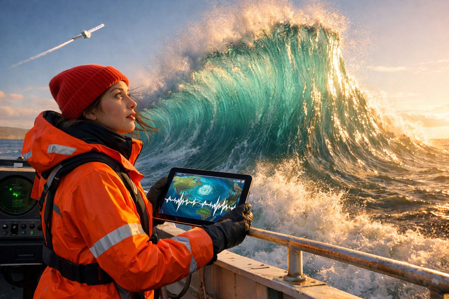 Mulher com casaco e gorro laranja segura tablet no convés de barco com onda gigante ao fundo.