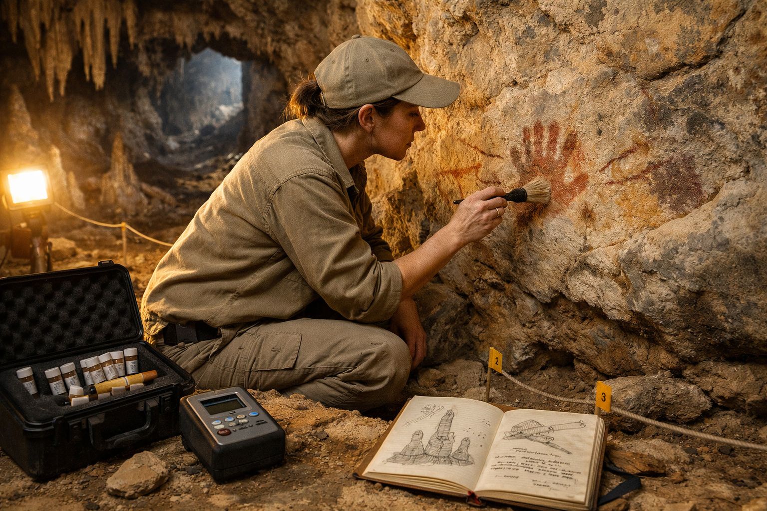 Mulher arqueóloga a limpar pintura rupestre de mão numa caverna com equipamento e anotações.