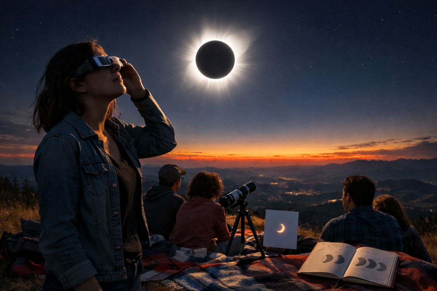 Pessoa com óculos de proteção observa eclipse solar total ao pôr do sol, acompanhada por grupo com telescópio e livros.