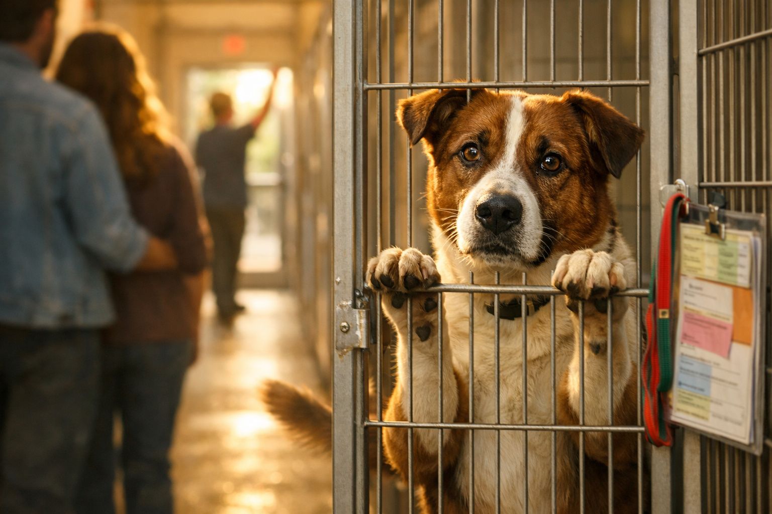 Cão castanho e branco com expressão triste numa jaula, em abrigo com pessoas ao fundo desfocadas.