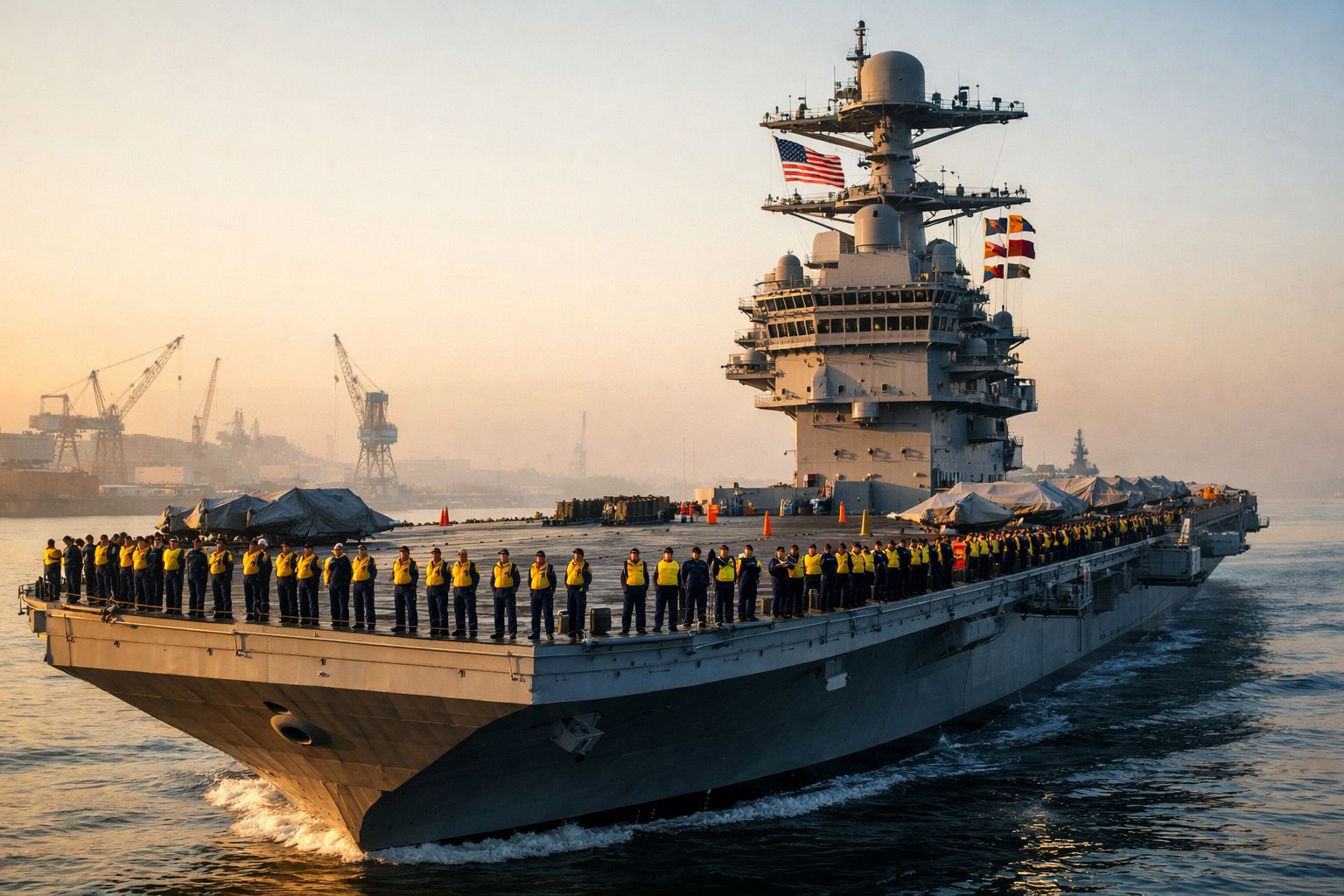 Porta-aviões da marinha com tripulação em uniformes amarelos alinhados no convés ao amanhecer.