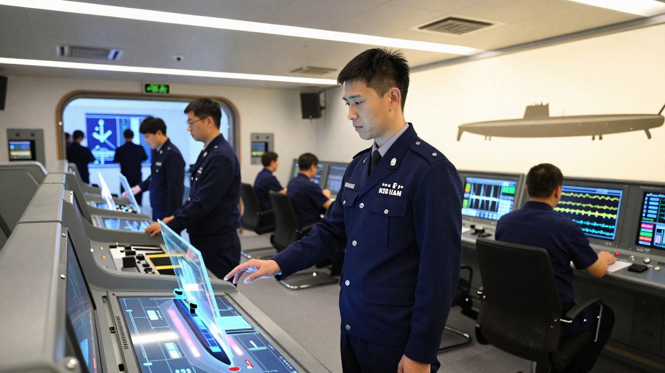 Oficiais da marinha a operar e monitorizar sistemas tecnológicos avançados numa sala de controlo moderna.