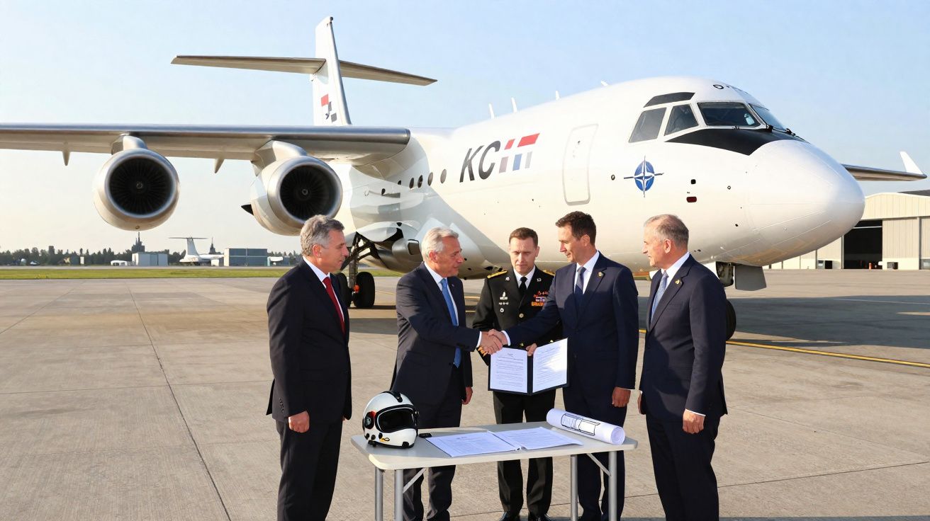 Cinco homens em fato apertam as mãos junto a uma mesa diante de um avião militar branco KC-390 na pista de aeroporto.
