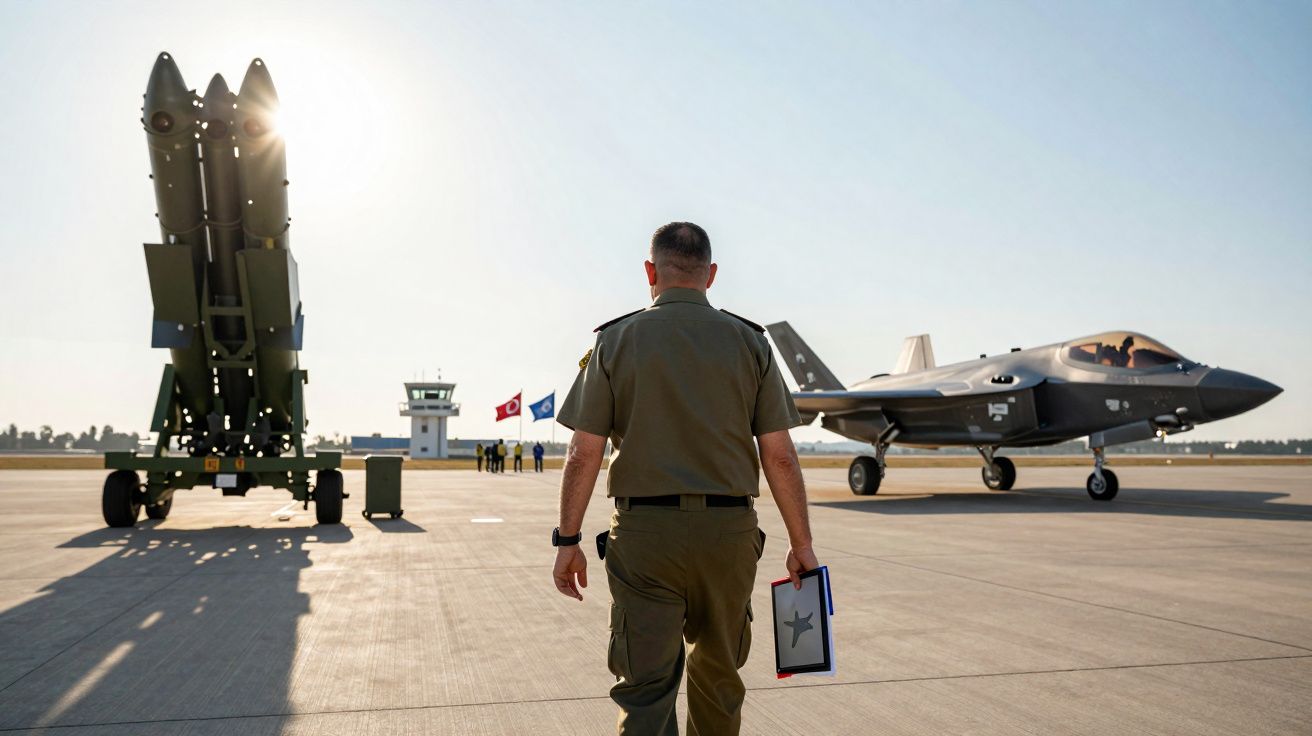 Militar de costas a caminhar numa pista de aeroporto militar, entre mísseis e um avião de combate moderno.