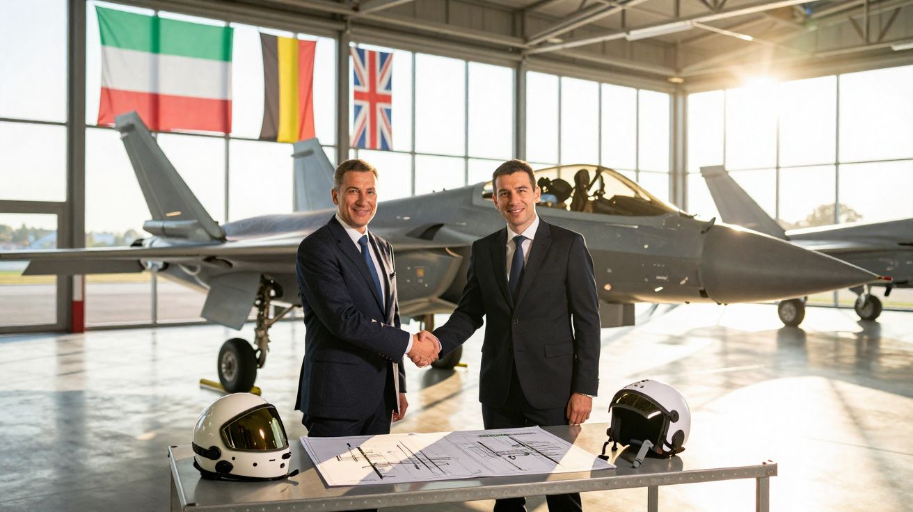 Dois homens de fato cumprimentam-se diante de um jato militar numa garagem, com capacetes e documentos sobre uma mesa.