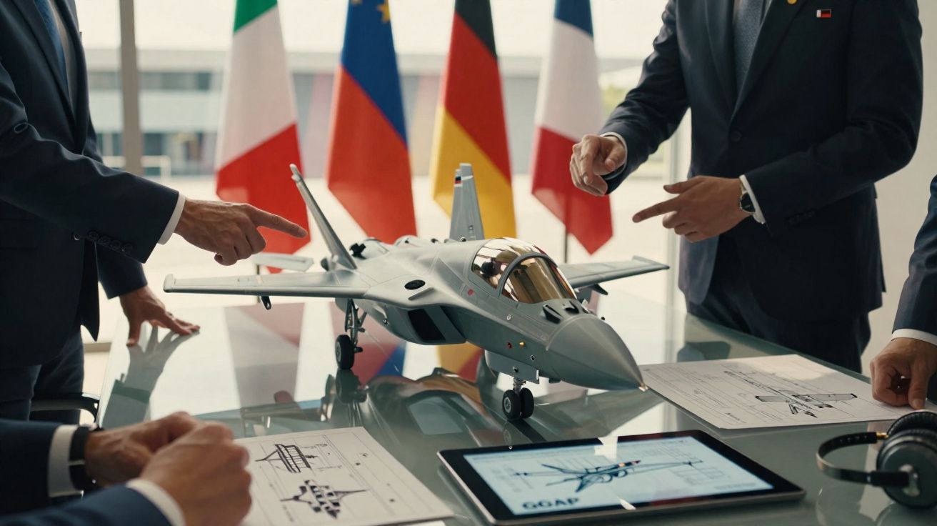 Modelo de avião militar na mesa de reunião com pessoas a apontar e bandeiras ao fundo.