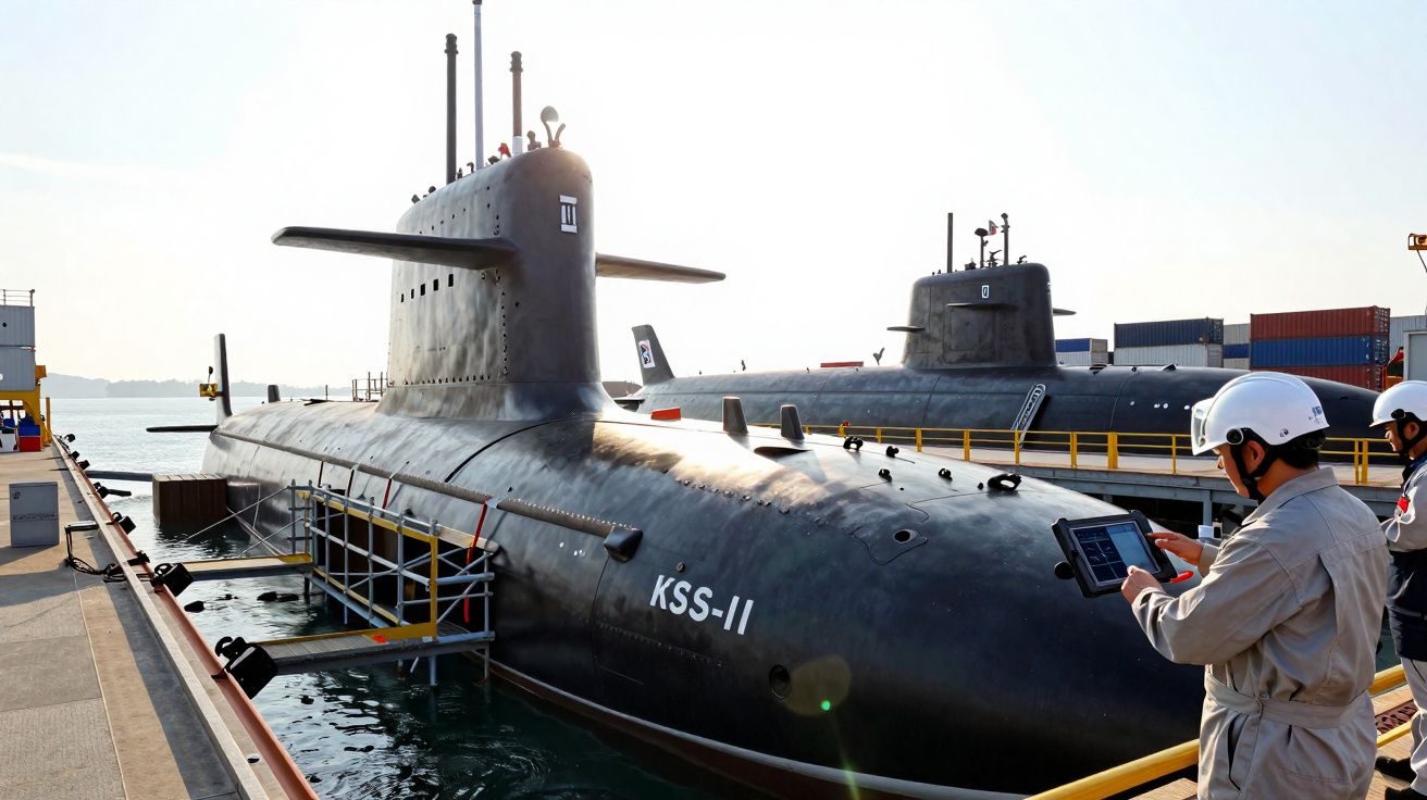 Dois submarinos KSS-II atracados no cais com tripulantes a operarem equipamentos junto à embarcação.