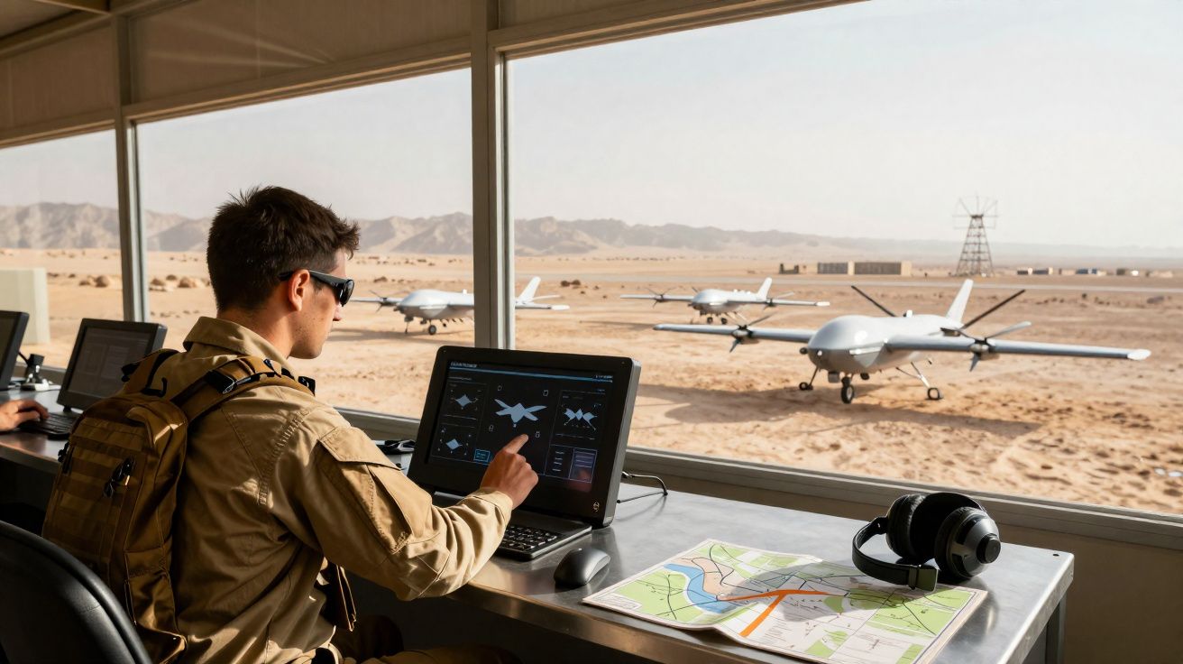 Militar numa torre de controlo verifica dados de drones militares no deserto com vários drones estacionados lá fora.