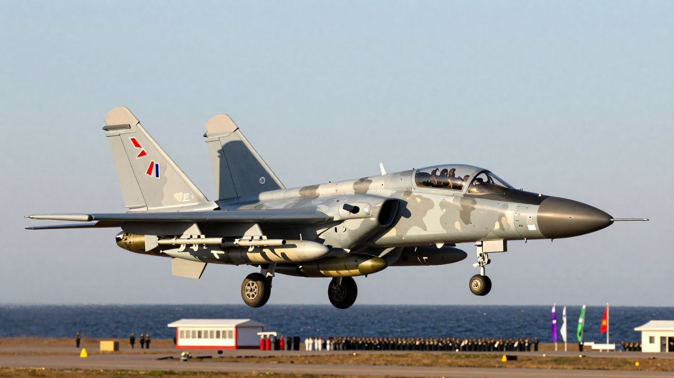 Avião de caça militar cinzento camuflado a descolar ou aterrissar perto do mar com pessoas ao fundo.