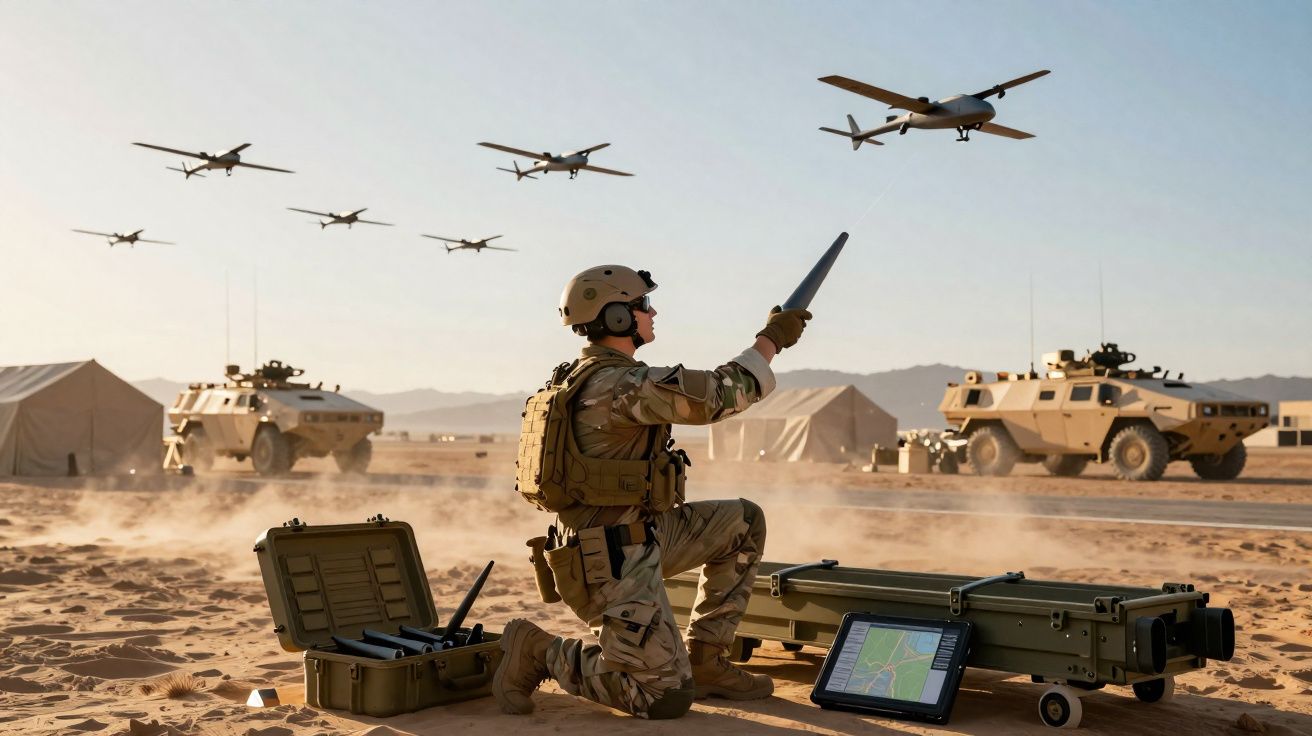 Soldado militar em uniforme de camuflagem controla drones no deserto com veículos blindados e tendas ao fundo.