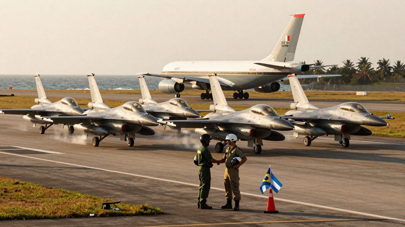 Cinco aviões militares F-16 estacionados com um avião comercial ao fundo e dois pilotos a conversar na pista.