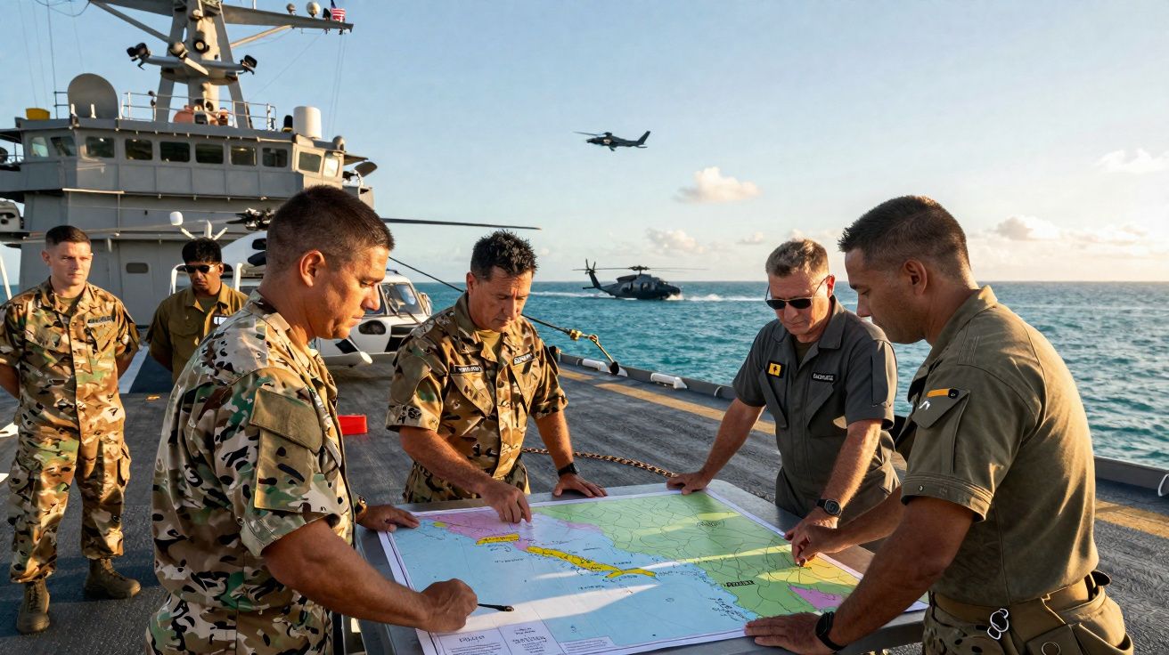 Militares em uniforme analisam mapa a bordo de um navio com mar e helicóptero ao fundo.