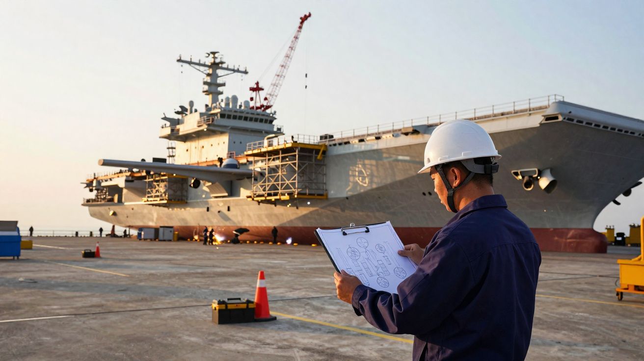 Trabalhador com capacete a inspeccionar documentos junto a um porta-aviões no estaleiro naval ao pôr do sol.