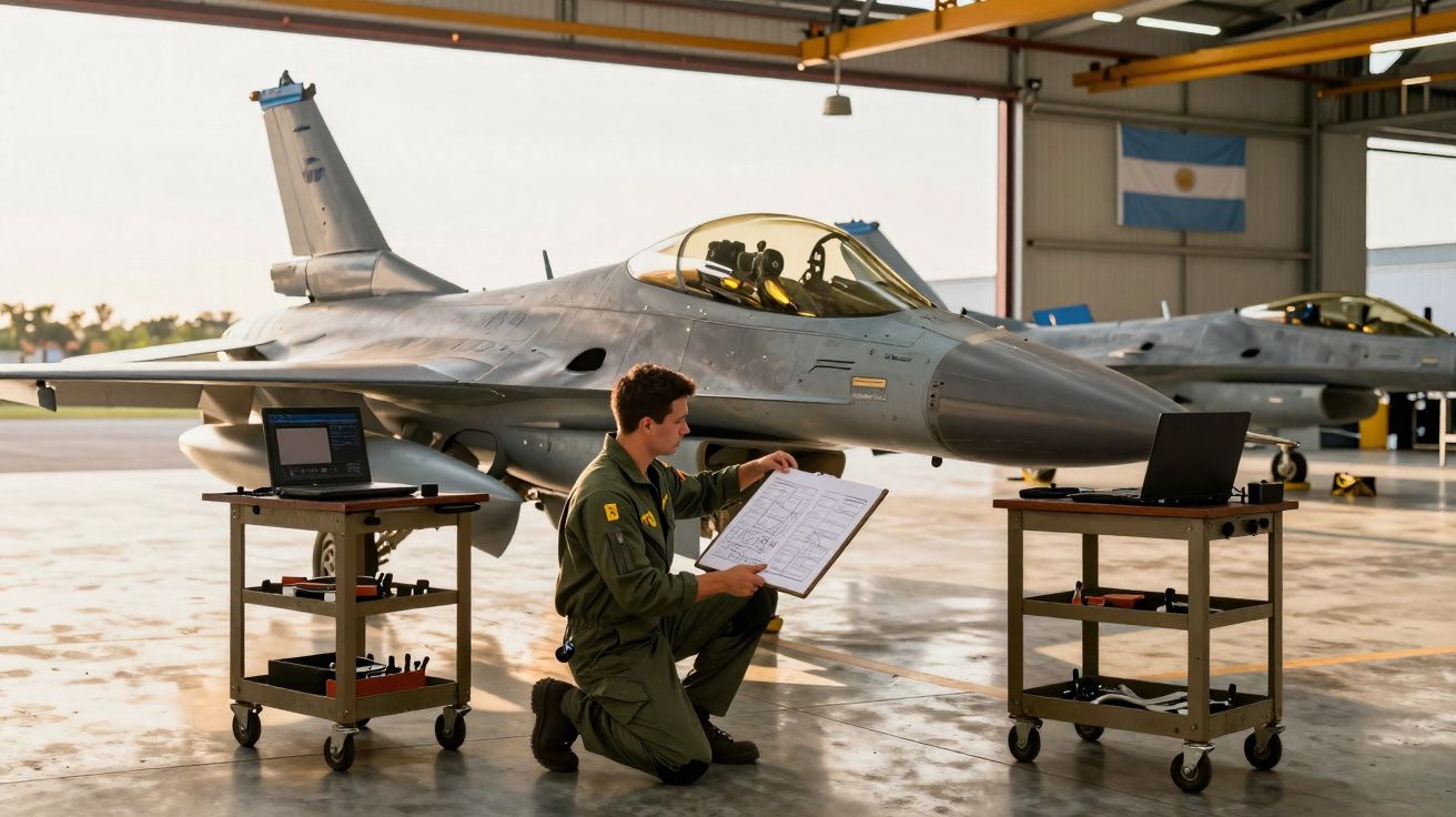 Homem em uniforme militar a inspecionar documento próximo a jato de combate F-16 numa hangar.