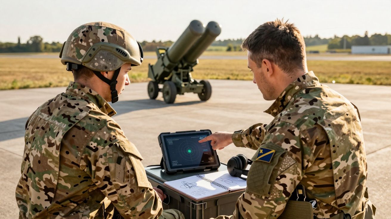 Dois soldados em uniforme militar consultam um tablet ao ar livre, com equipamento bélico ao fundo.