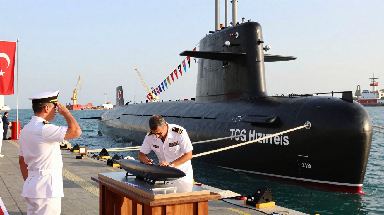 Homem em uniforme naval saúda enquanto outro assina modelo de submarino junto a submarino real TCG Hizirreis.