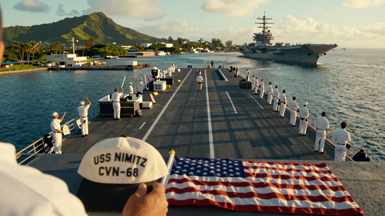 Marinheiros alinhados no convés do porta-aviões USS Nimitz com bandeira americana e outro navio ao fundo.