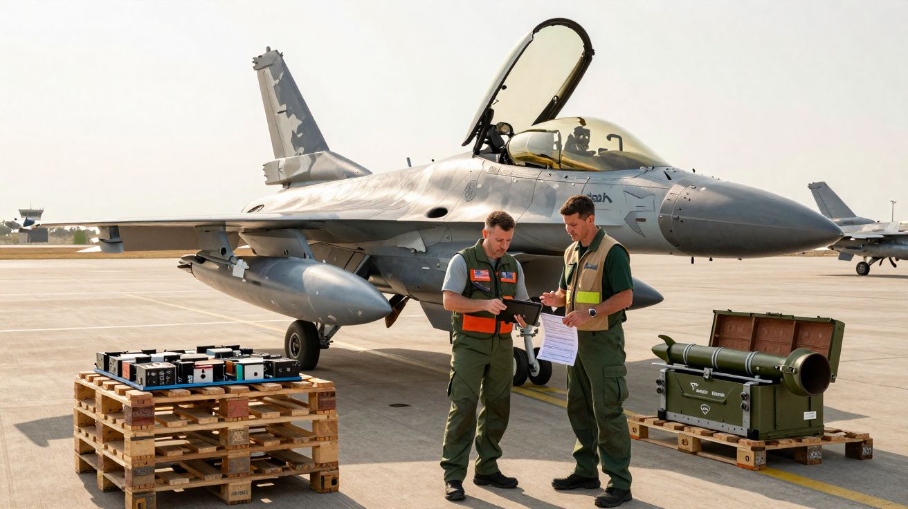 Avião militar estacionado com dois militares em uniforme a consultar documentos no chão do aeroporto.