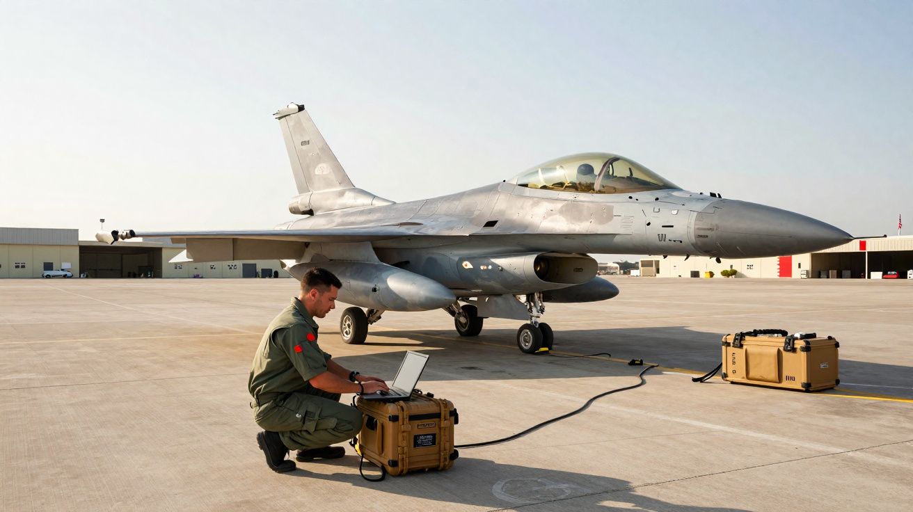 Militar verifica equipamento ligado a caça F-16 estacionado numa base aérea ao ar livre.