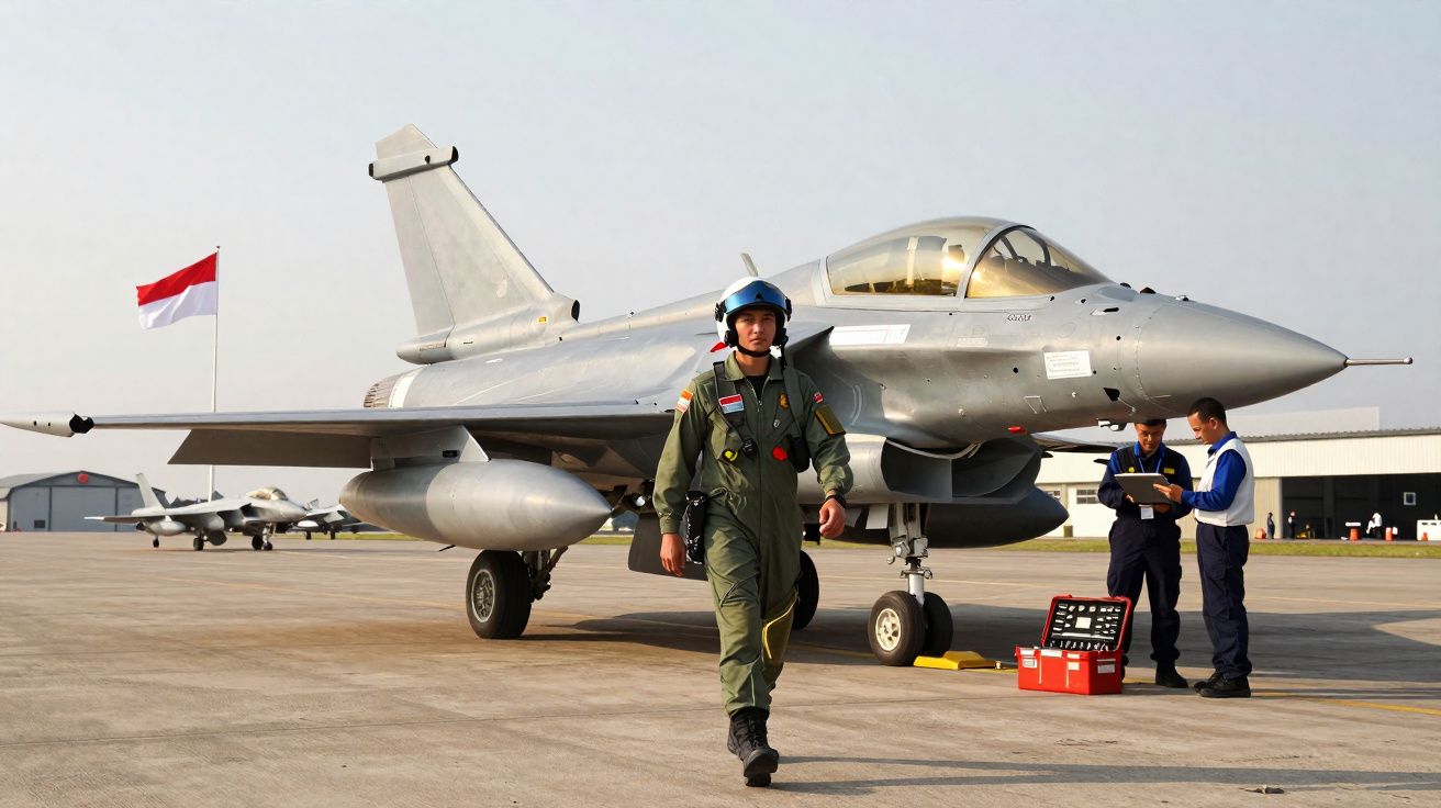 Piloto militar a caminhar à frente de um caça estacionado numa pista de aeroporto com técnicos ao fundo.