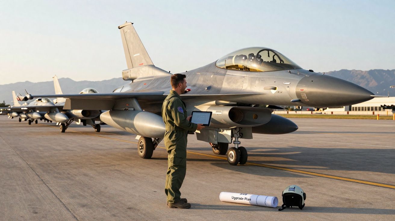 Piloto militar em equipamento junto a jato de combate estacionado na pista de aeroporto ao pôr do sol.