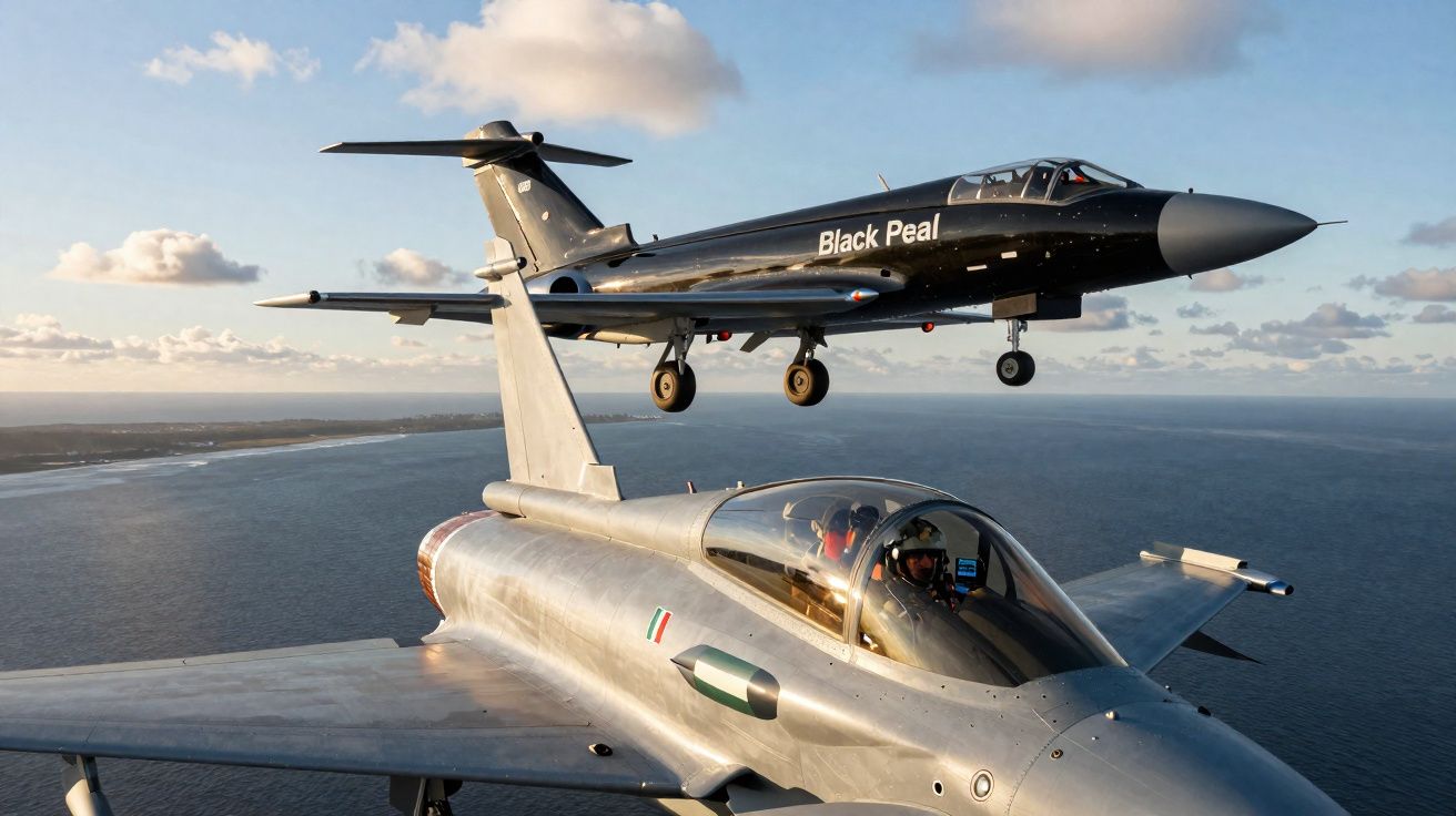 Dois aviões militares a voar sobre o mar com céu parcialmente nublado ao fundo.