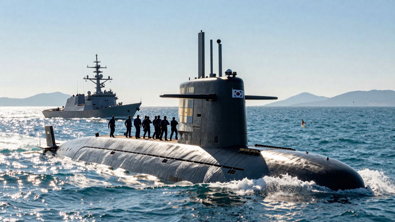 Submarino sul-coreano na superfície com tripulação à vista e navio militar ao fundo no mar.