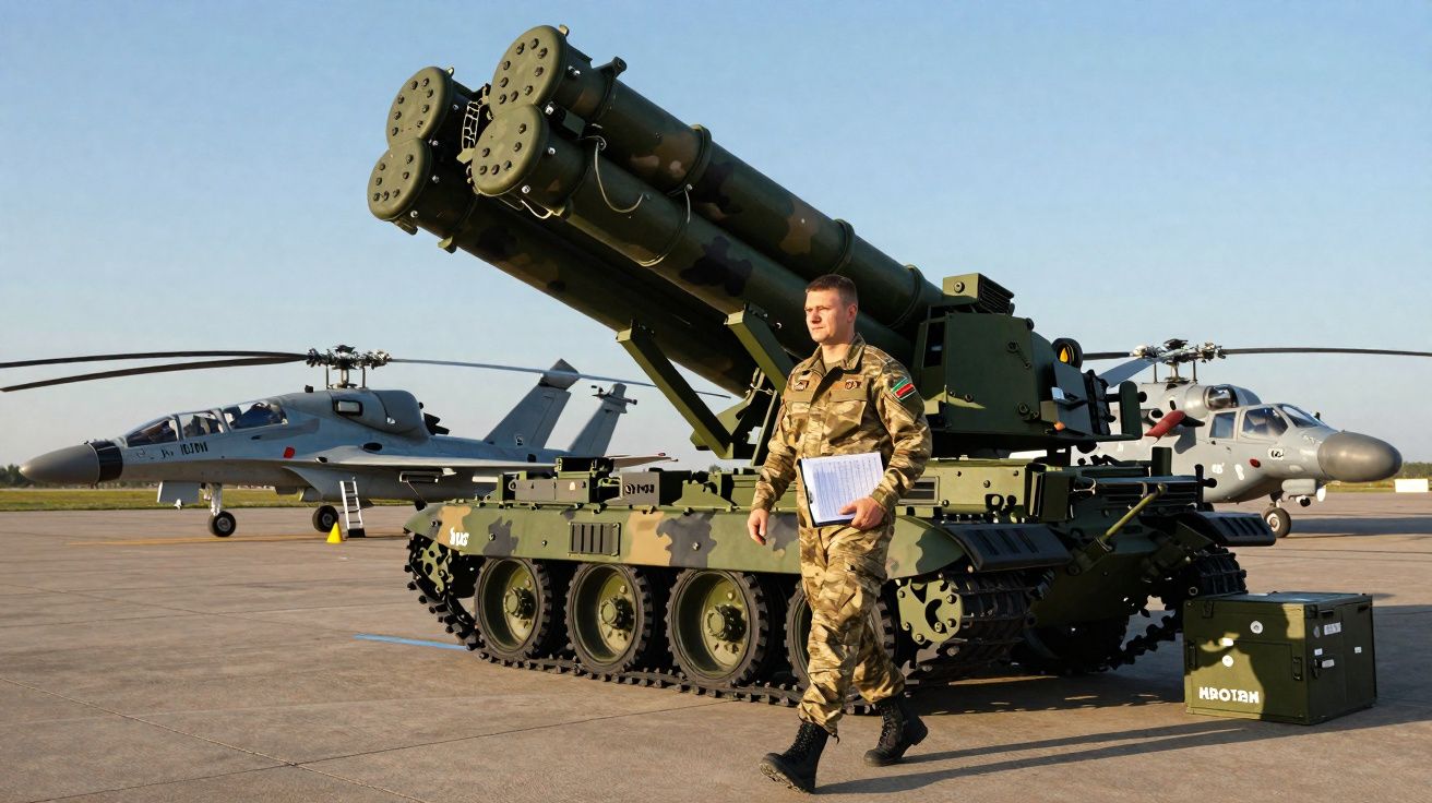 Soldado em uniforme camuflado a caminhar junto a veículo militar com lança-foguetes e dois caças no fundo num aeródromo.