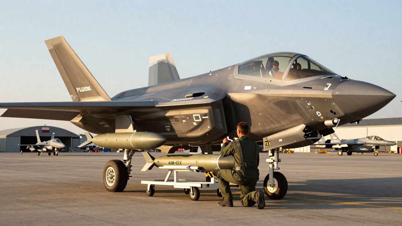 Caça furtivo militar F-35 cinzento com piloto na cabine e técnico a fazer manutenção na pista.