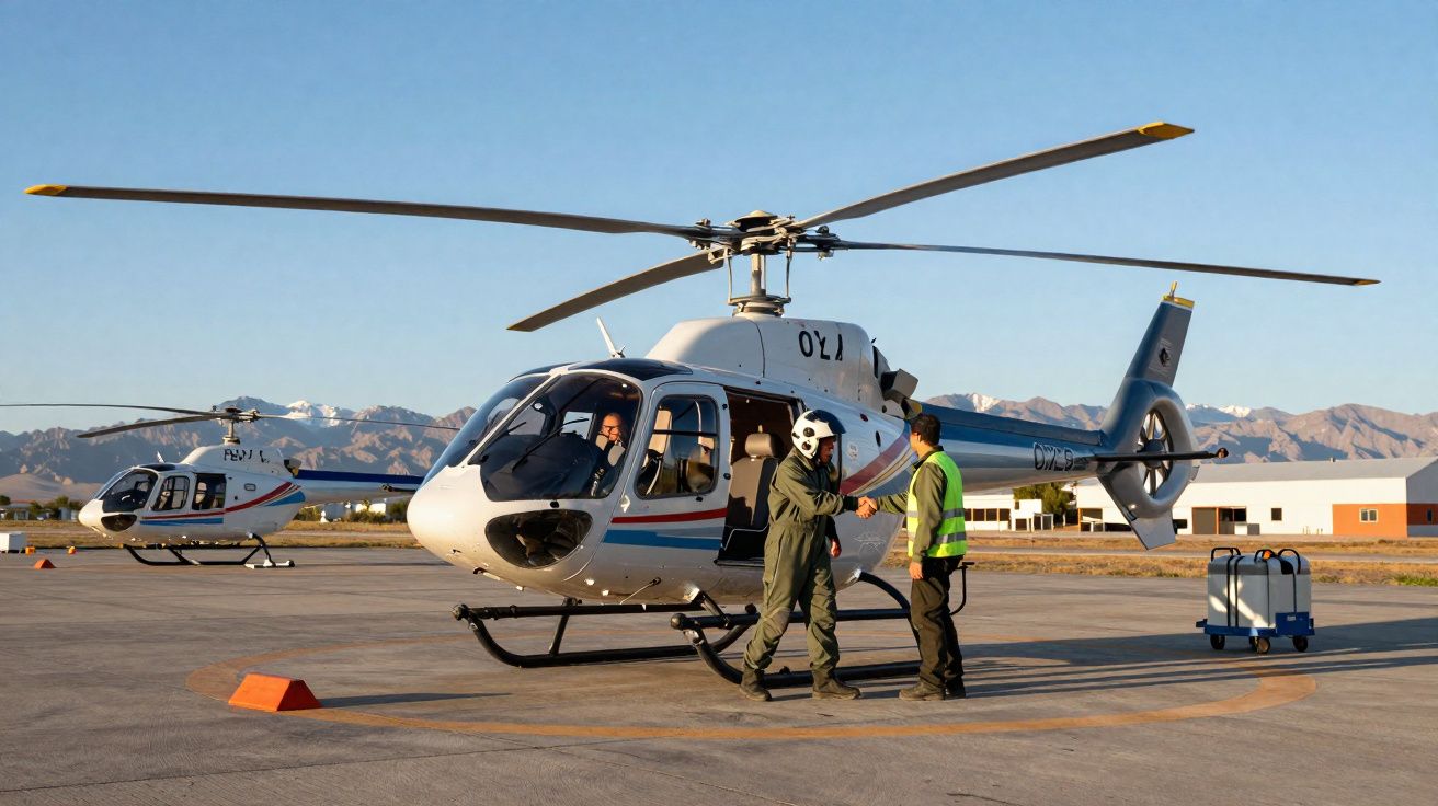 Helicópteros brancos estacionados num heliponto com duas pessoas a cumprimentarem-se ao lado de um deles.