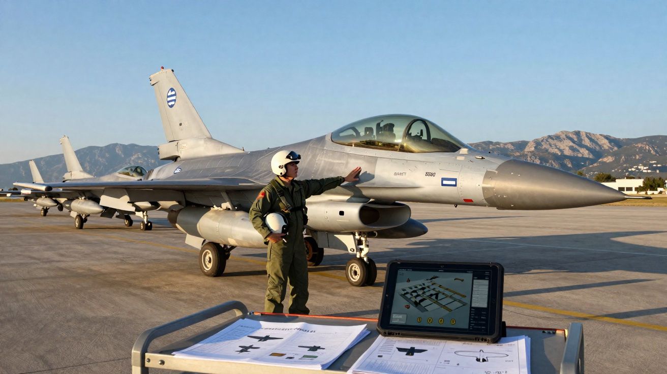 Piloto militar de pé ao lado de jato F-16 na pista com montanhas ao fundo e equipamento de planeamento na frente.