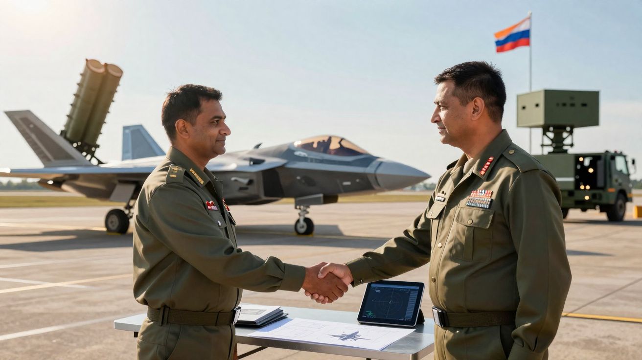 Dois militares apertam as mãos numa pista de aeroporto com jato de combate e equipamento militar ao fundo.