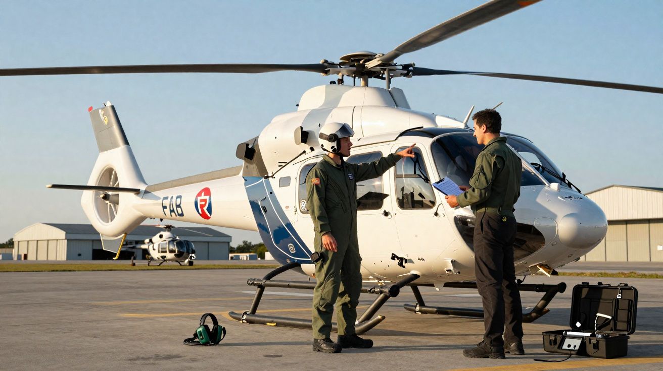 Dois pilotos em uniforme verde junto a um helicóptero branco num aeródromo com hangares ao fundo.