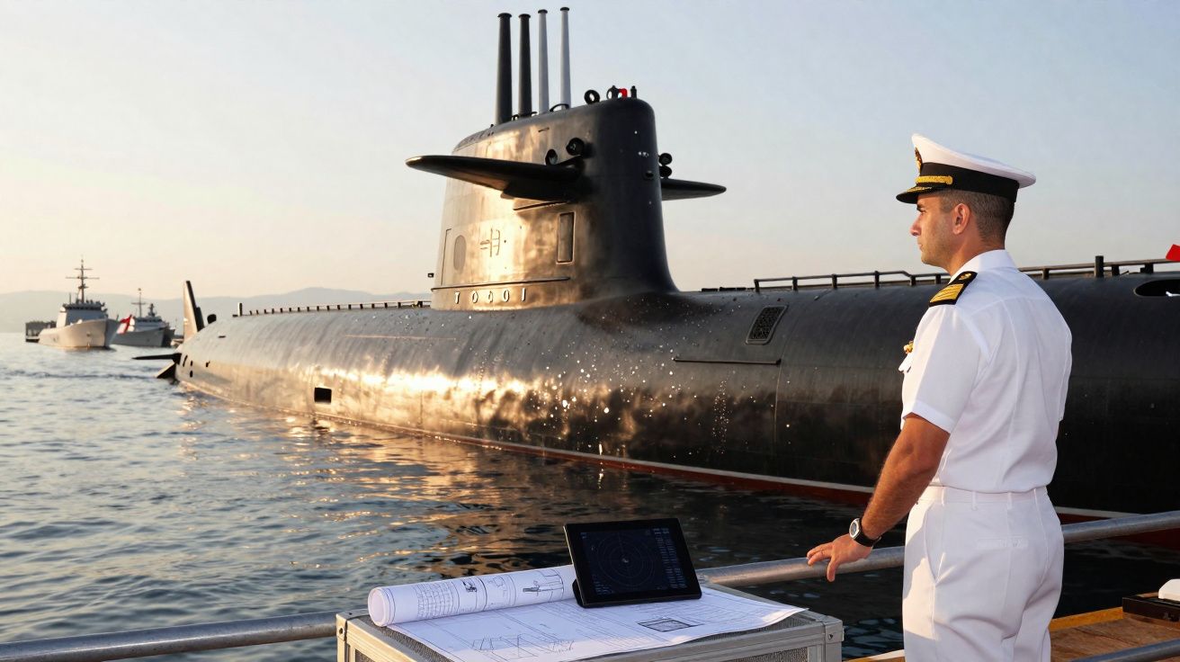 Oficial naval em uniforme branco observa submarino junto a documentos técnicos no convés ao pôr do sol.