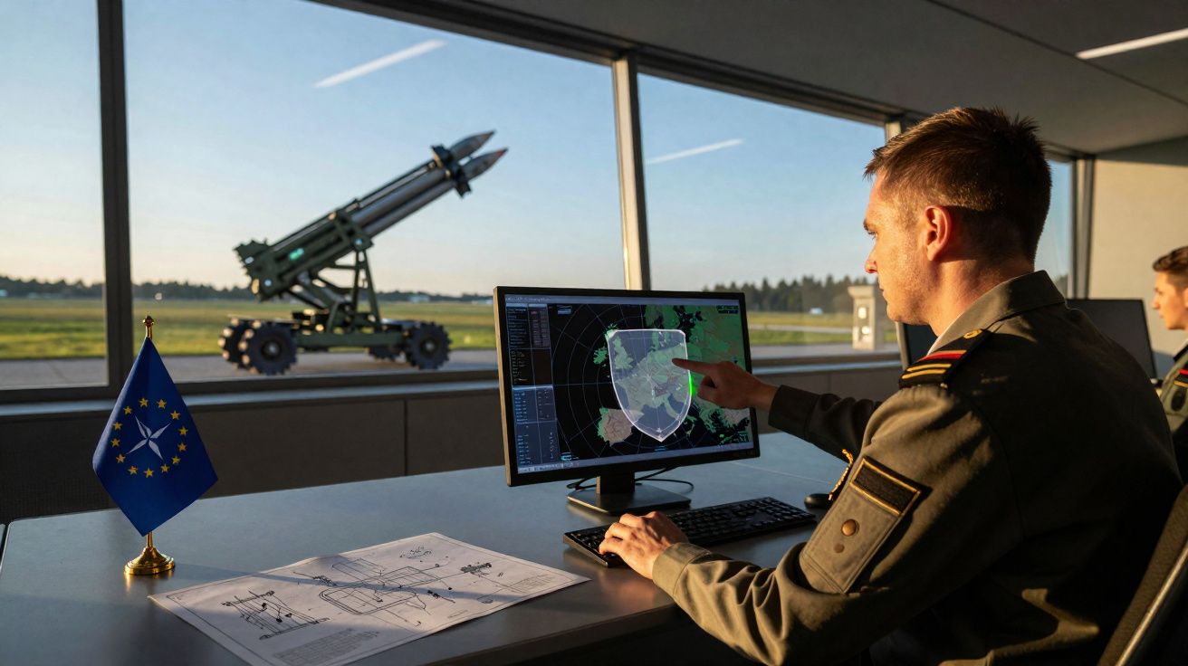 Militar em uniforme analisa informação de defesa num ecrã de computador com sistema de radar, bandeira da NATO ao lado.