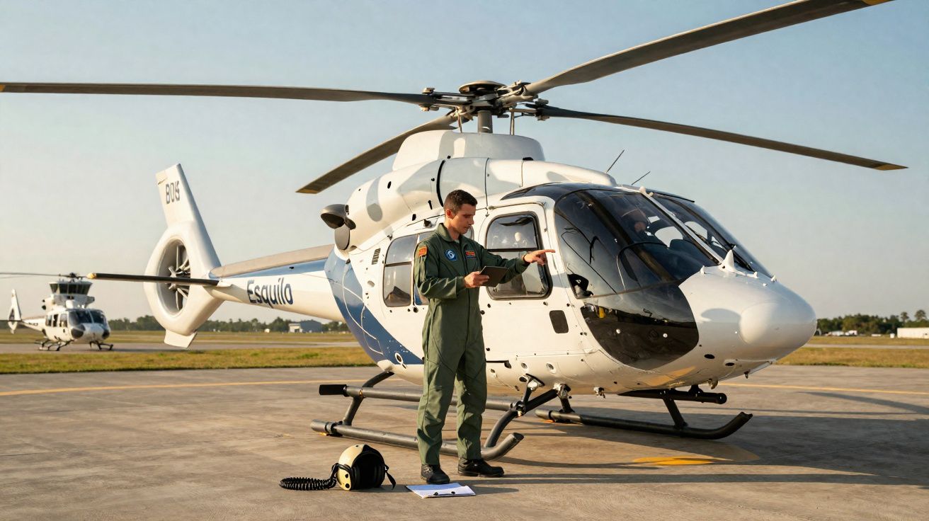 Piloto em fato de voo verde está em pé ao lado de helicóptero branco no pátio de um heliponto ao pôr do sol.