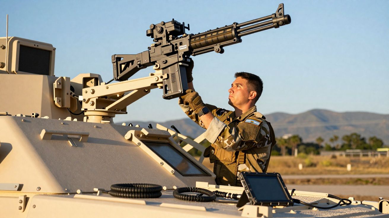 Militar ajusta metralhadora montada em veículo blindado num ambiente aberto com montanhas ao fundo.