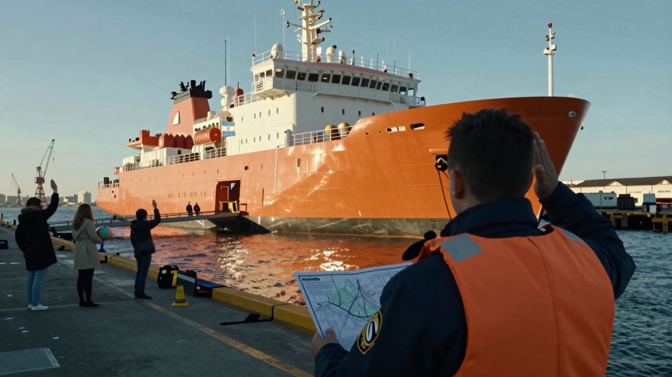Pessoa com colete laranja a acenar para um grande navio de pesquisa laranja atracado no cais ao entardecer.