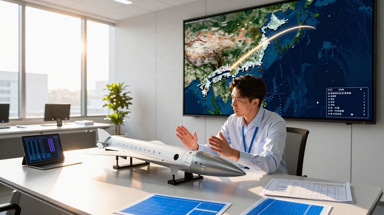 Homem em escritório a apresentar modelo de avião com mapa de rotas aéreas no ecrã ao fundo.