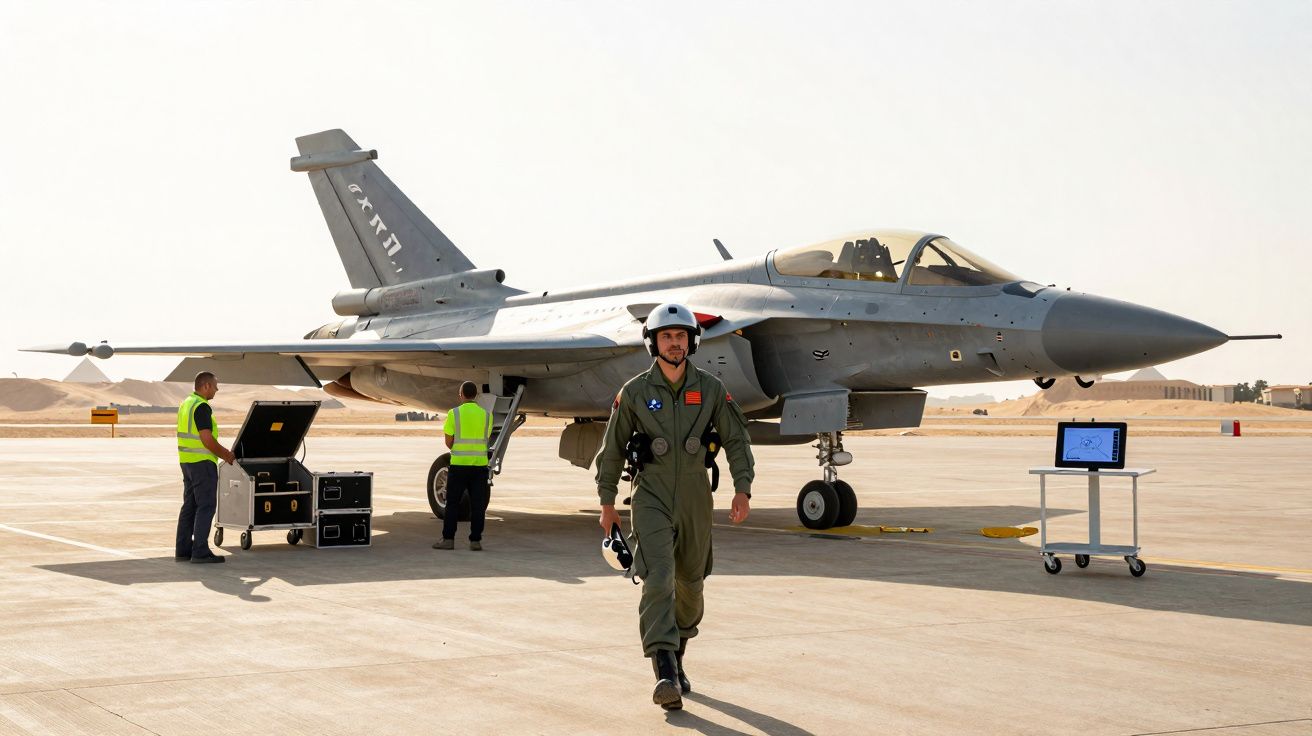 Piloto militar a caminhar em frente a um caça estacionado numa pista de descolagem desertica.