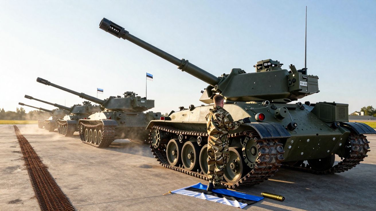 Soldado em uniforme camuflado junto a uma fila de tanques militares estacionados ao ar livre.