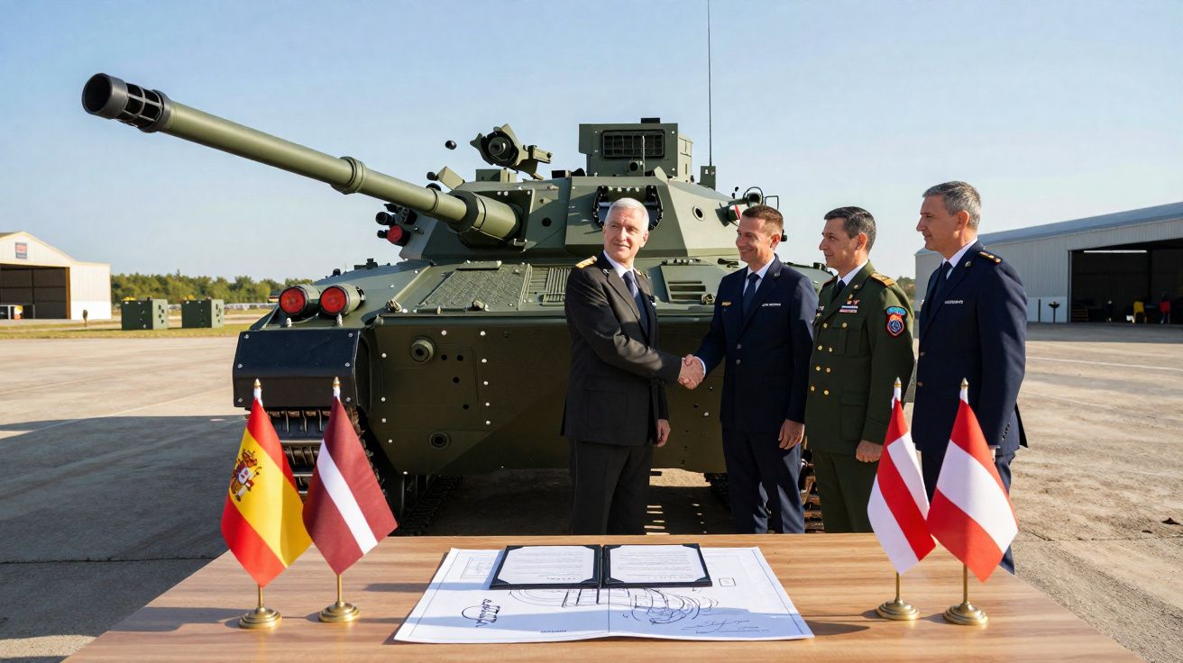 Quatro militares cumprimentam-se em frente a um tanque num pátio com bandeiras da Espanha, Letónia, Áustria e outro país.