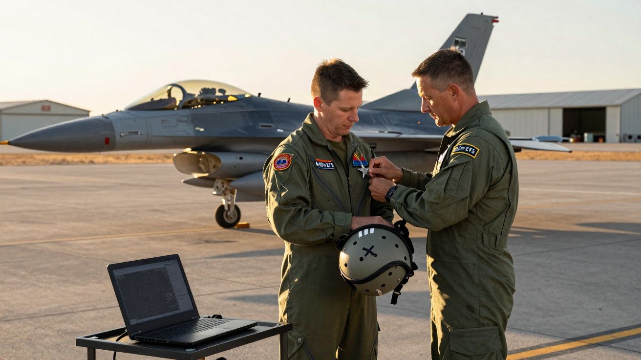 Dois pilotos militares em fato de voo junto a um caça F-16 numa pista, com um computador portátil numa mesa.