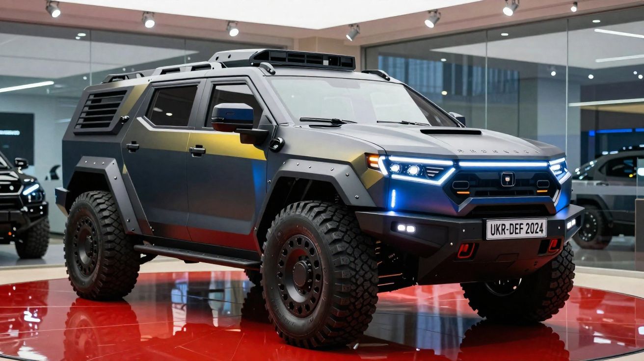 Veículo todo-o-terreno futurista com faróis LED azuis exposto em salão automóvel.