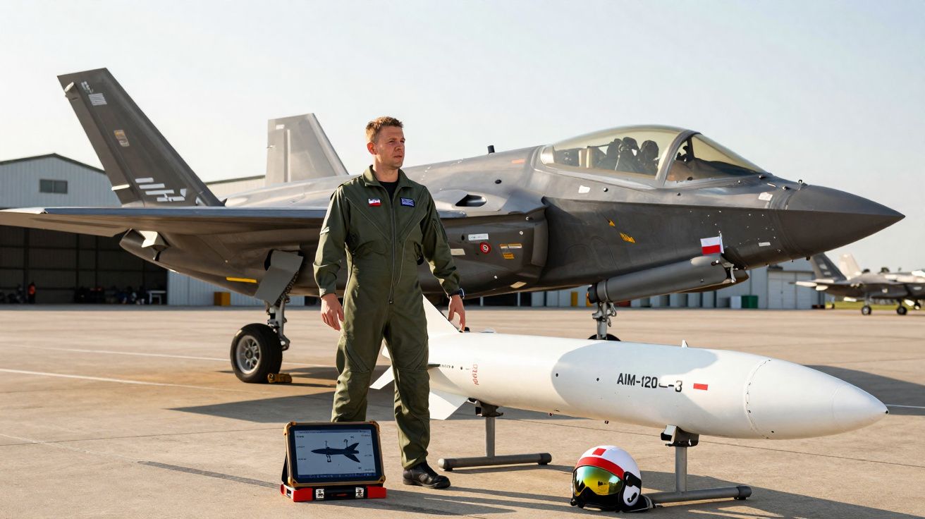 Piloto militar em fato verde junto a drone e capacete, com avião de caça cinzento estacionado ao fundo.