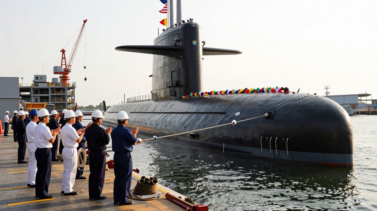 Submarino moderno ancorado no porto com tripulação de uniformes e capacetes a aplaudir em cais industrial.