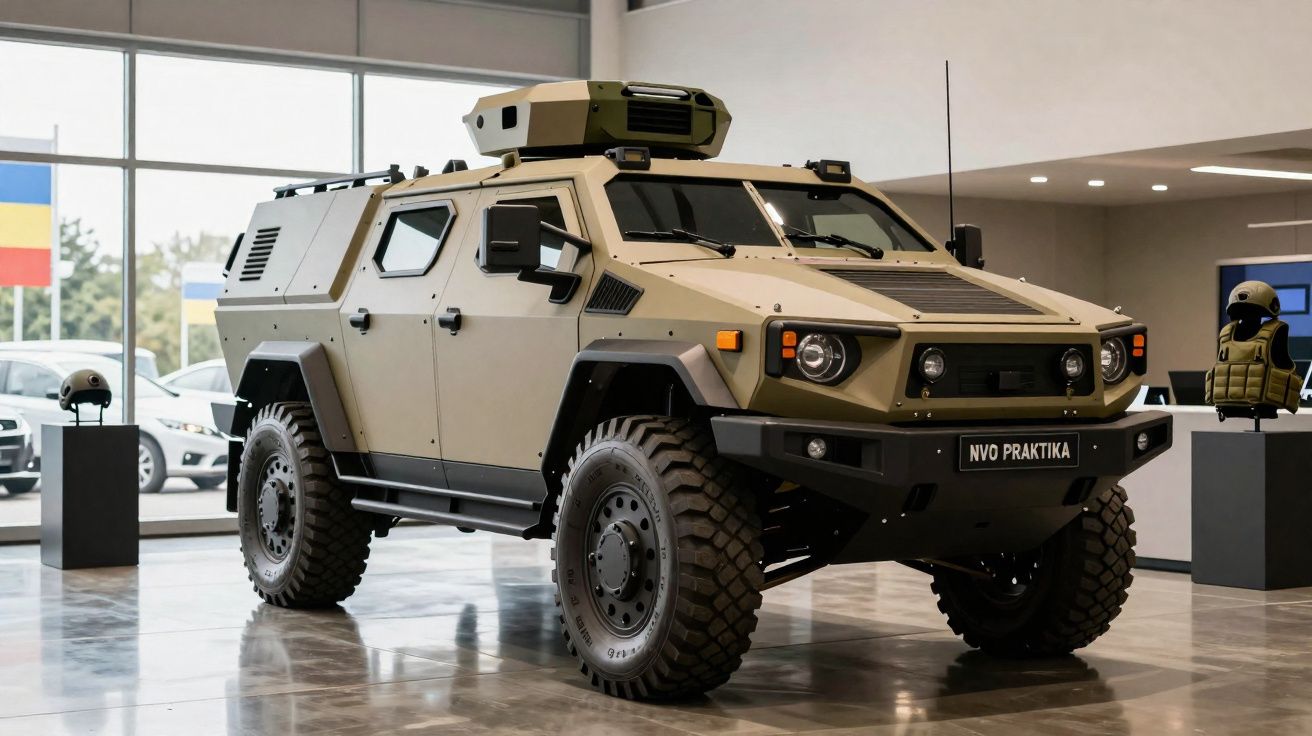 Veículo militar blindado de cor bege estacionado dentro de uma sala de exposição.