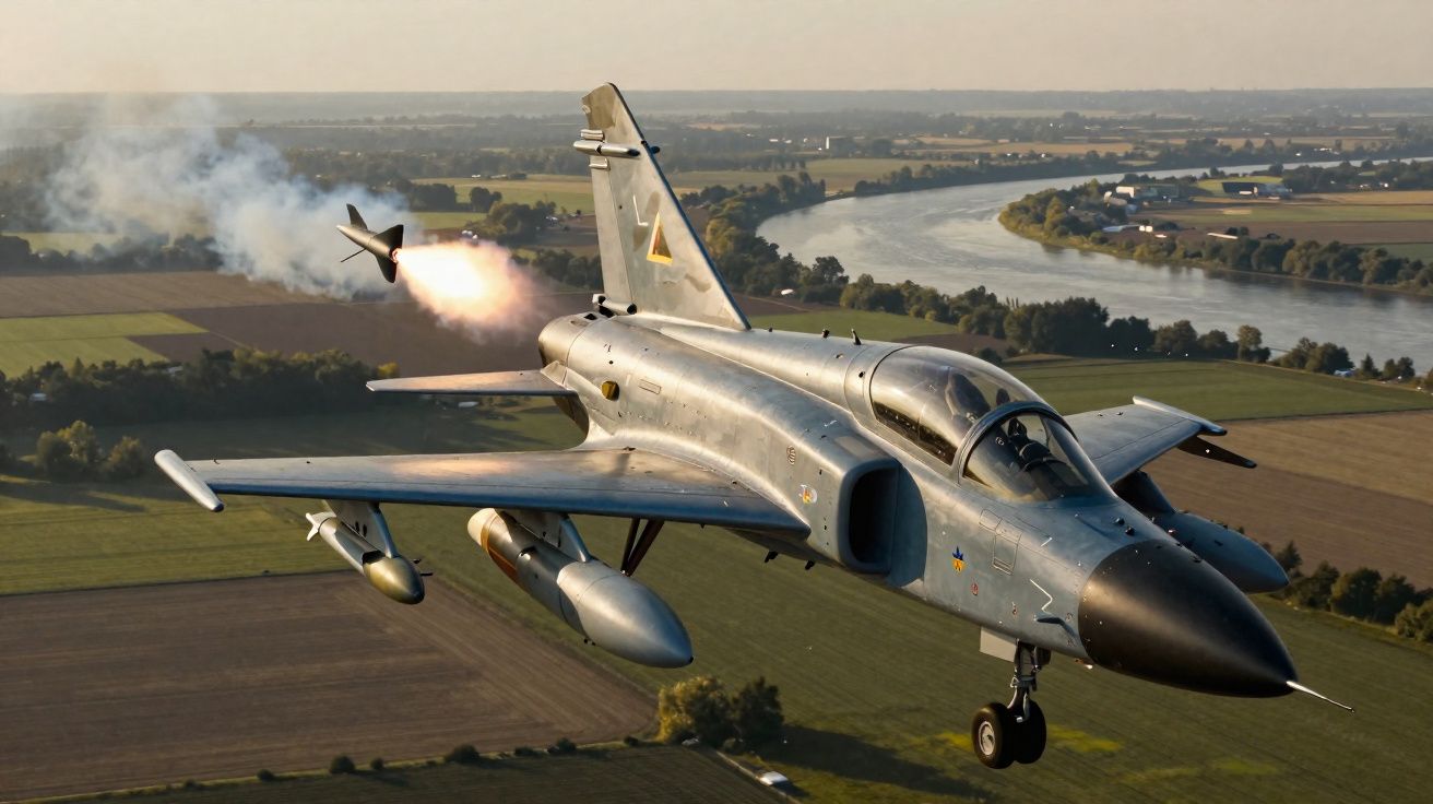 Jato militar a disparar míssil sobre campos agrícolas junto a rio em voo baixo durante o dia.