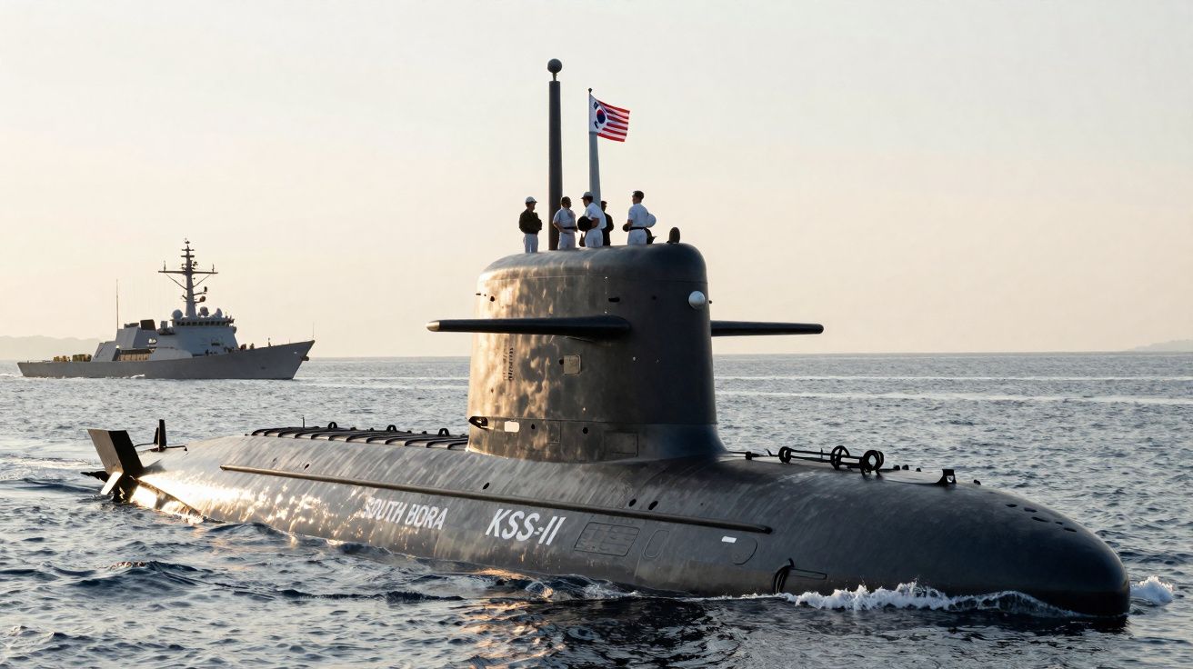 Submarino militar KSS-II à tona com marinheiros no convés e navio de guerra ao fundo no mar calmo.